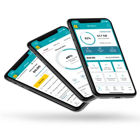 3 mobile phones showing My Optus app
