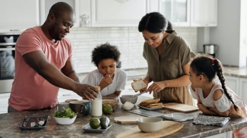 family making breakfast together in the kitchen