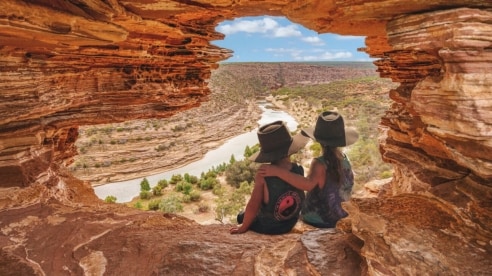 two children are looking at the view at Nature’s Window in Kalbarri National Park