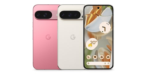 Back of Google Pixel 9 in Peony and back and front of Google Pixel 9 Pro in Porcelain