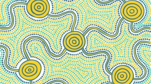 Aboriginal dot painting art using teal and yellow dots with five yellow and teal circles joined together by lines