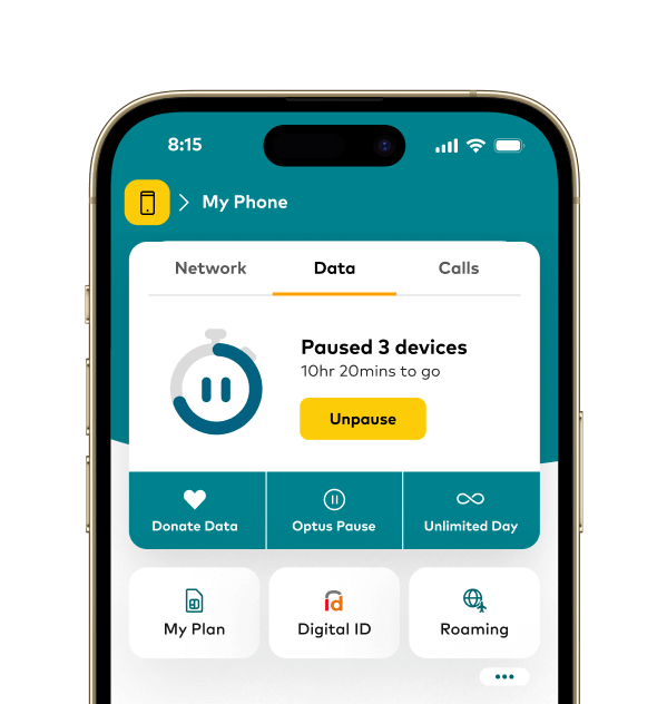 My Optus app showing Optus Pause screen