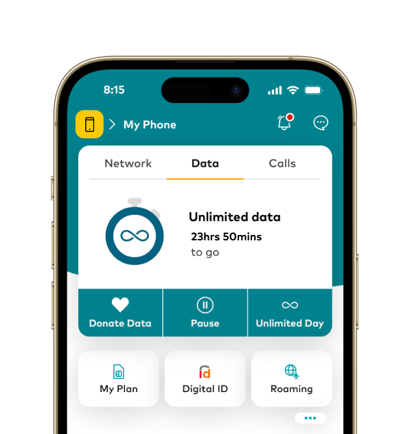 My Optus app showing Unlimited Data Day screen