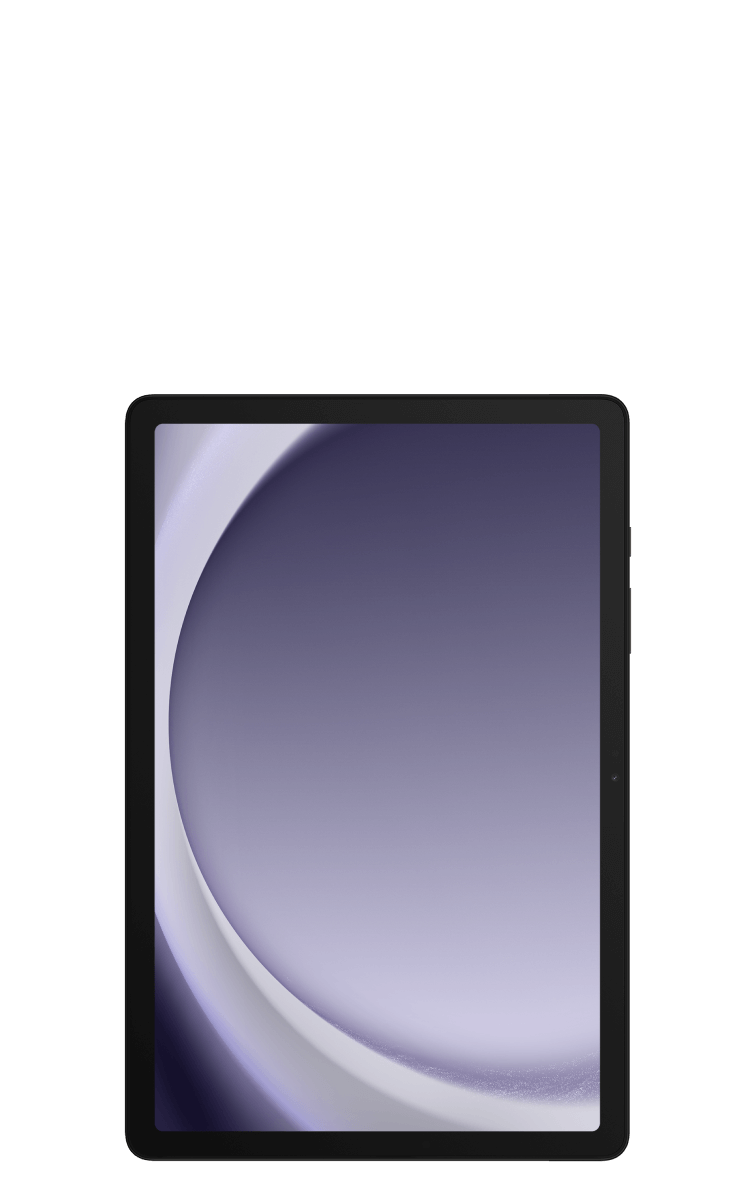 Front view of the Samsung Galaxy Tab A9+ in portrait mode in graphite.