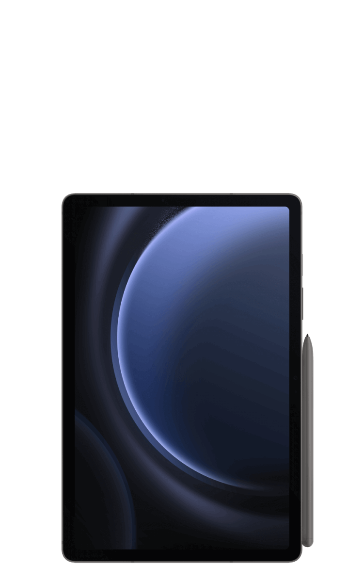 Front view of the Samsung Galaxy Tab S9 FE in portrait mode in grey with S Pen.